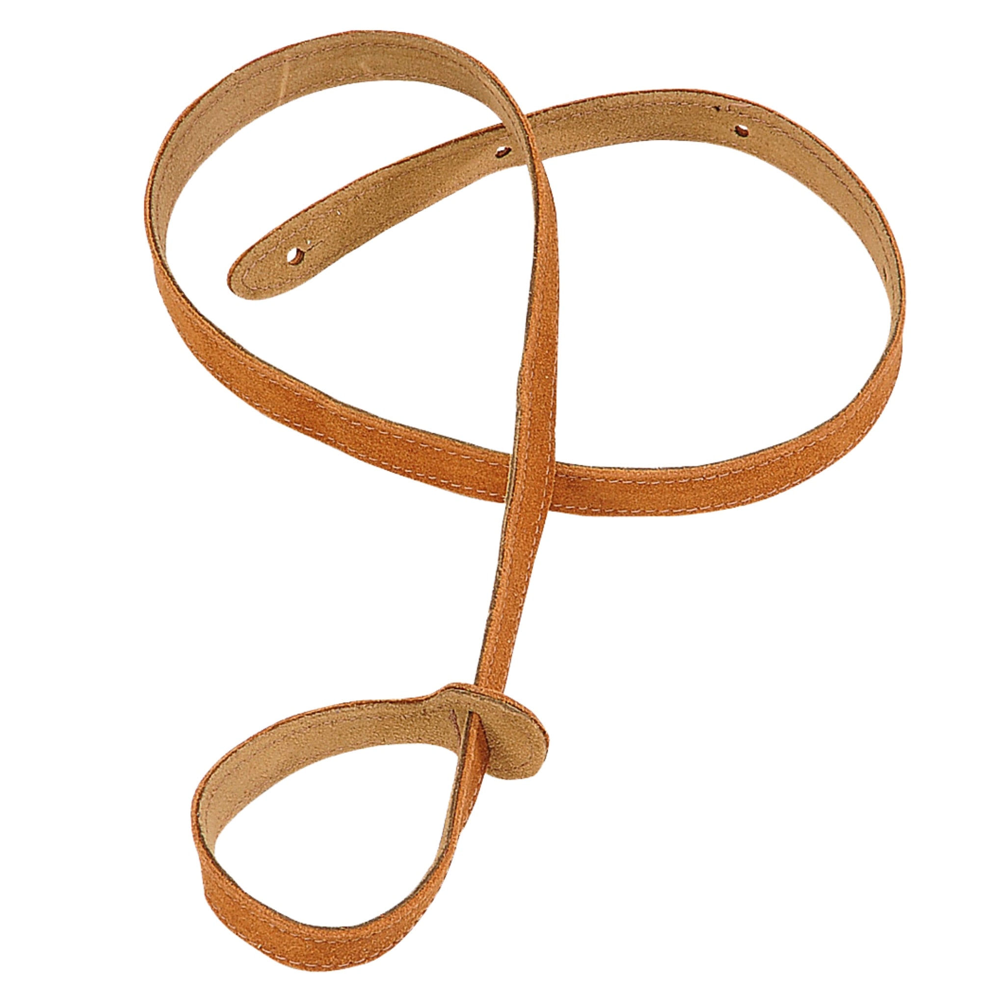 Brown leather mandolin strap on a white background