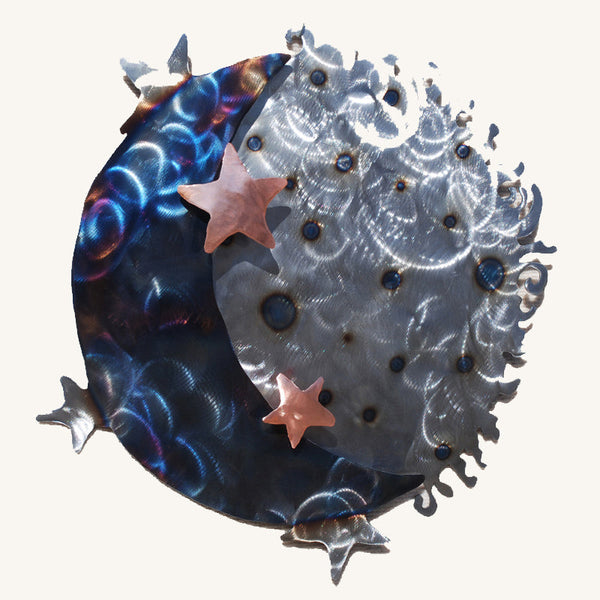 Moon, Stars and Sun 3-D Metal Wall Art Sculpture with Copper Stars 11", 17" or 26"
