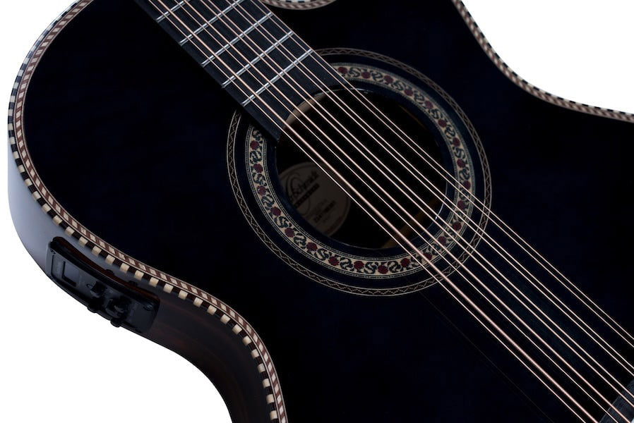 Oscar Schmidt OH32SEQTB Acoustic Electric Bajo Quinto w/Bag. Quilt Trans Black