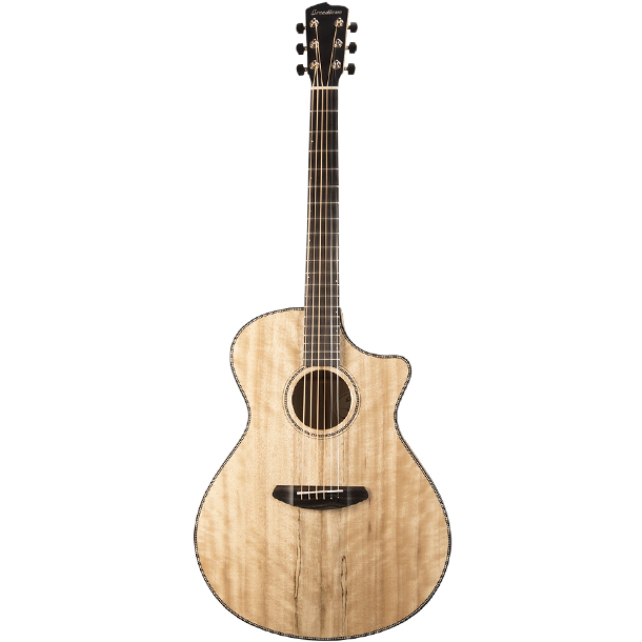 Acoustic guitar with a natural wood finish on a white background