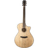 Acoustic guitar with a natural wood finish on a white background