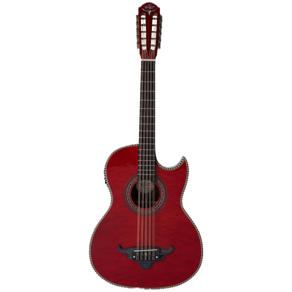 Oscar Schmidt OH32SEQTR Acoustic Electric Bajo Quinto w/Bag. Quilt Trans Red