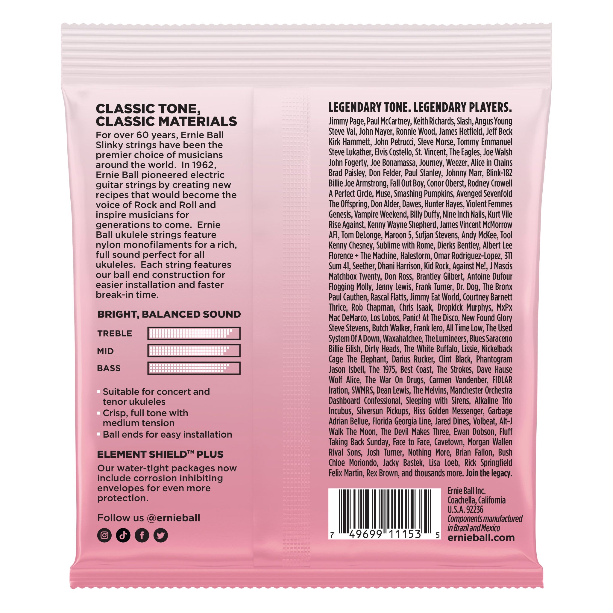 Ernie Ball Ukulele Concert/ Tenor Strings Low G Ball End Nylon