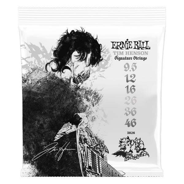 Ernie Ball guitar string packaging with black and white illustration of a person and product details.
