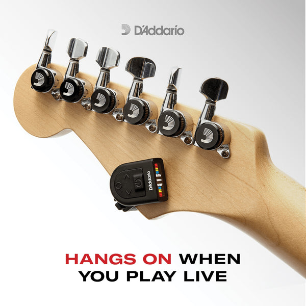 Guitar headstock with D'Addario tuner and promotional text on a white background D'Addario PW-CT-13 Micro Universal Guitar Tuner