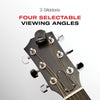 Guitar headstock with D'Addario tuner on a white background with D'Addario PW-CT-13 Micro Universal Guitar Tuner.