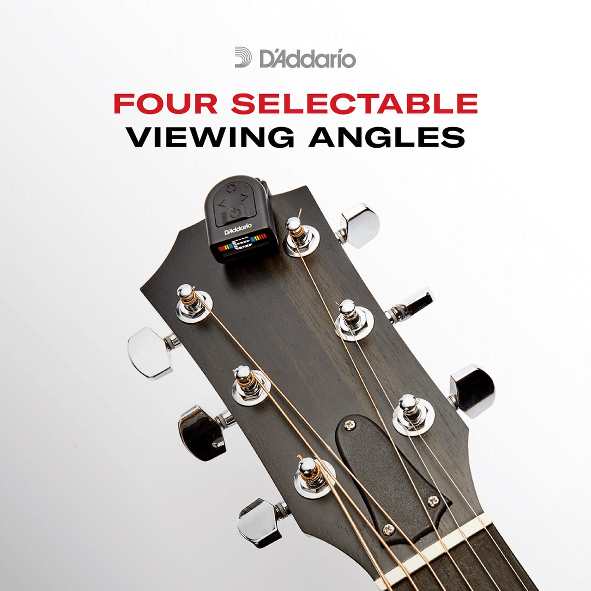Guitar headstock with D'Addario tuner on a white background, featuring text about selectable viewing angles.