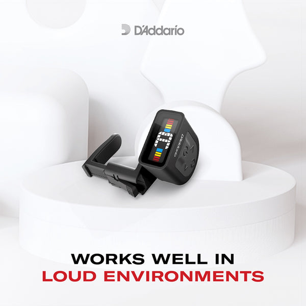 D'Addario PW-CT-13 Micro Universal Guitar Tuner on white background with text works well in loud environments.