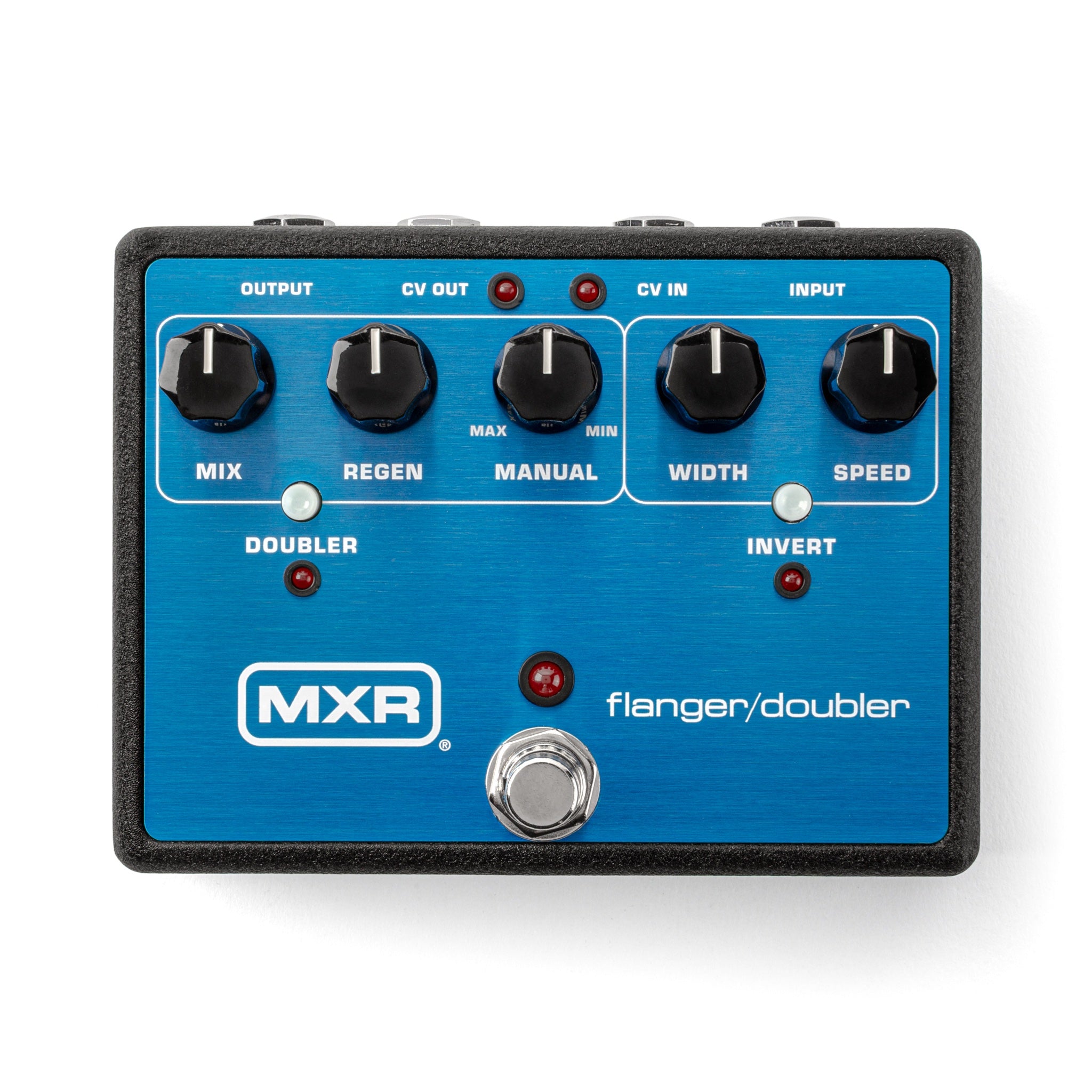 An MXR flanger/doubler guitar effects pedal with a bright blue front panel, black knobs, white text labels, and a silver footswitch on a white background.
