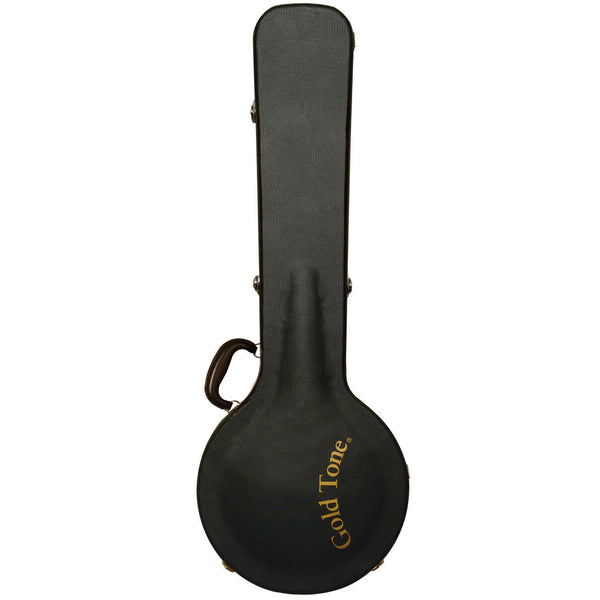 Black guitar case with 'Gold Tone' branding on a white background