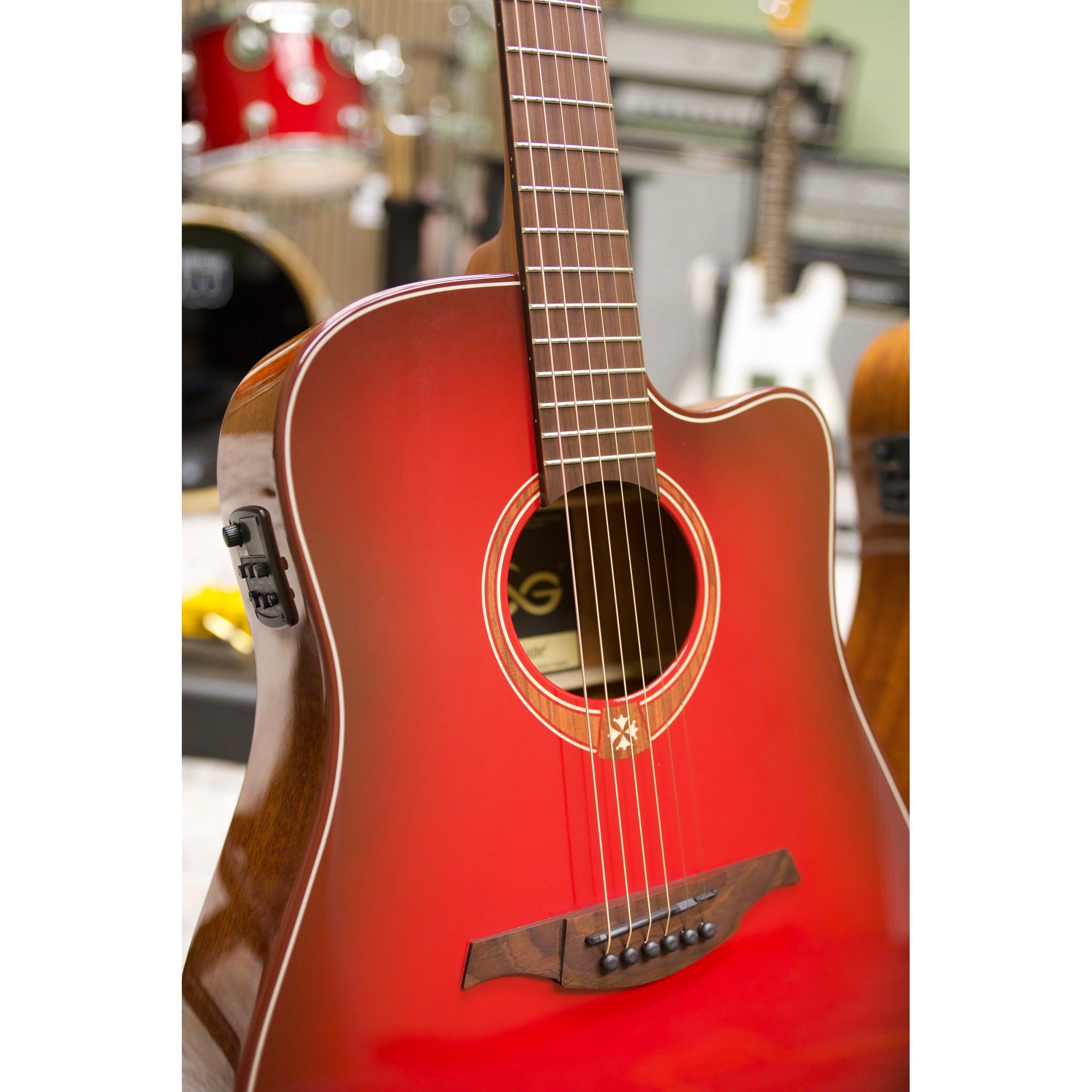 Lâg Tramontane Special Red Burst Dreadnought Cutaway Acoustic-Electric Guitar