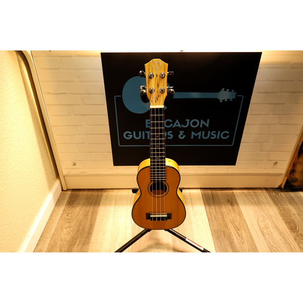 Small wooden guitar on a stand with a branded backdrop in the background