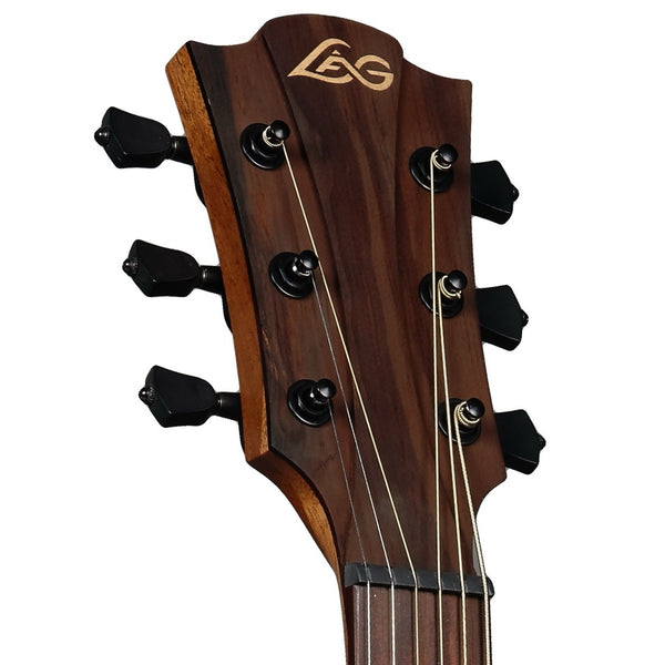 Lâg TL88ACE headstock front with Lâg logo and black die-cast tuning machines