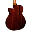Back view of a wooden acoustic guitar on a white background