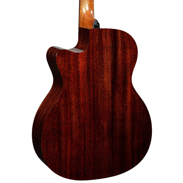 Back view of a wooden acoustic guitar on a white background