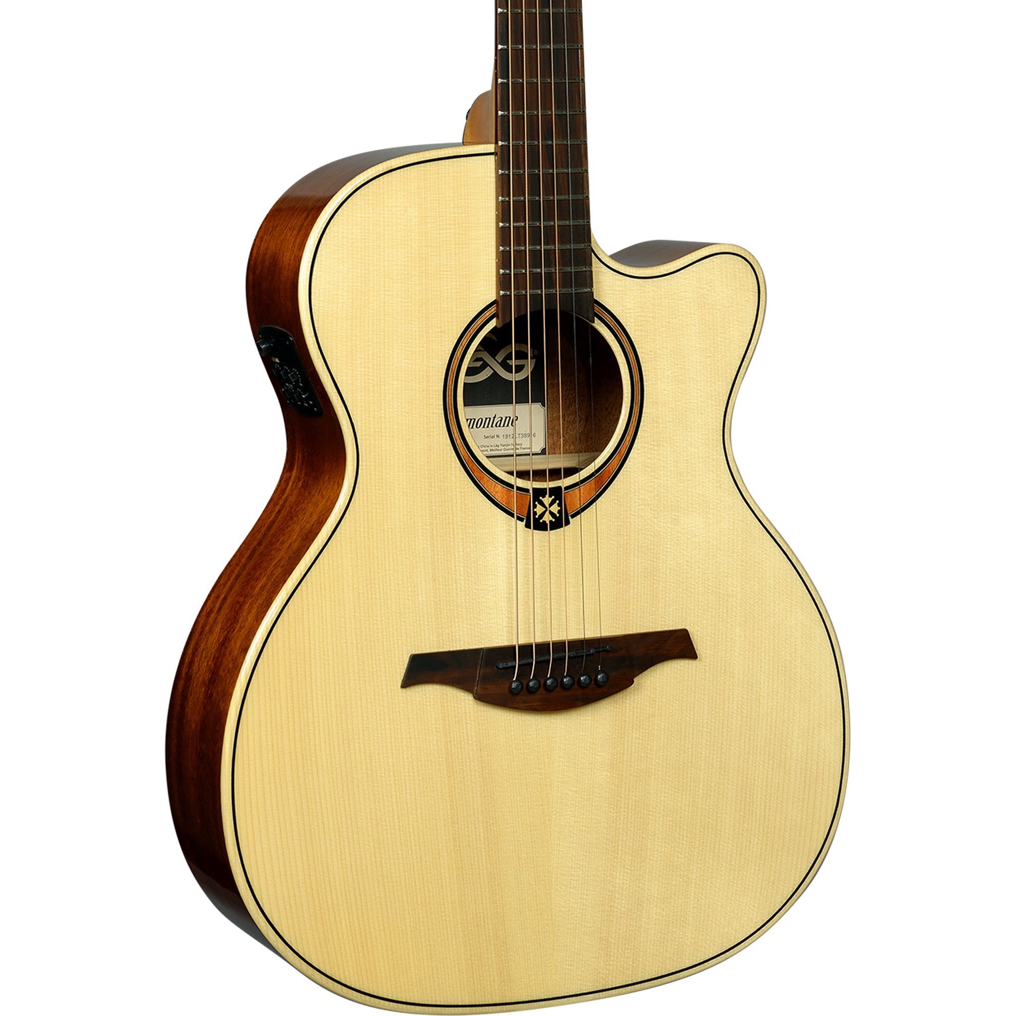 Lâg T88ACE front body close-up showing solid Engelmann spruce top and Stage Lâg electronics