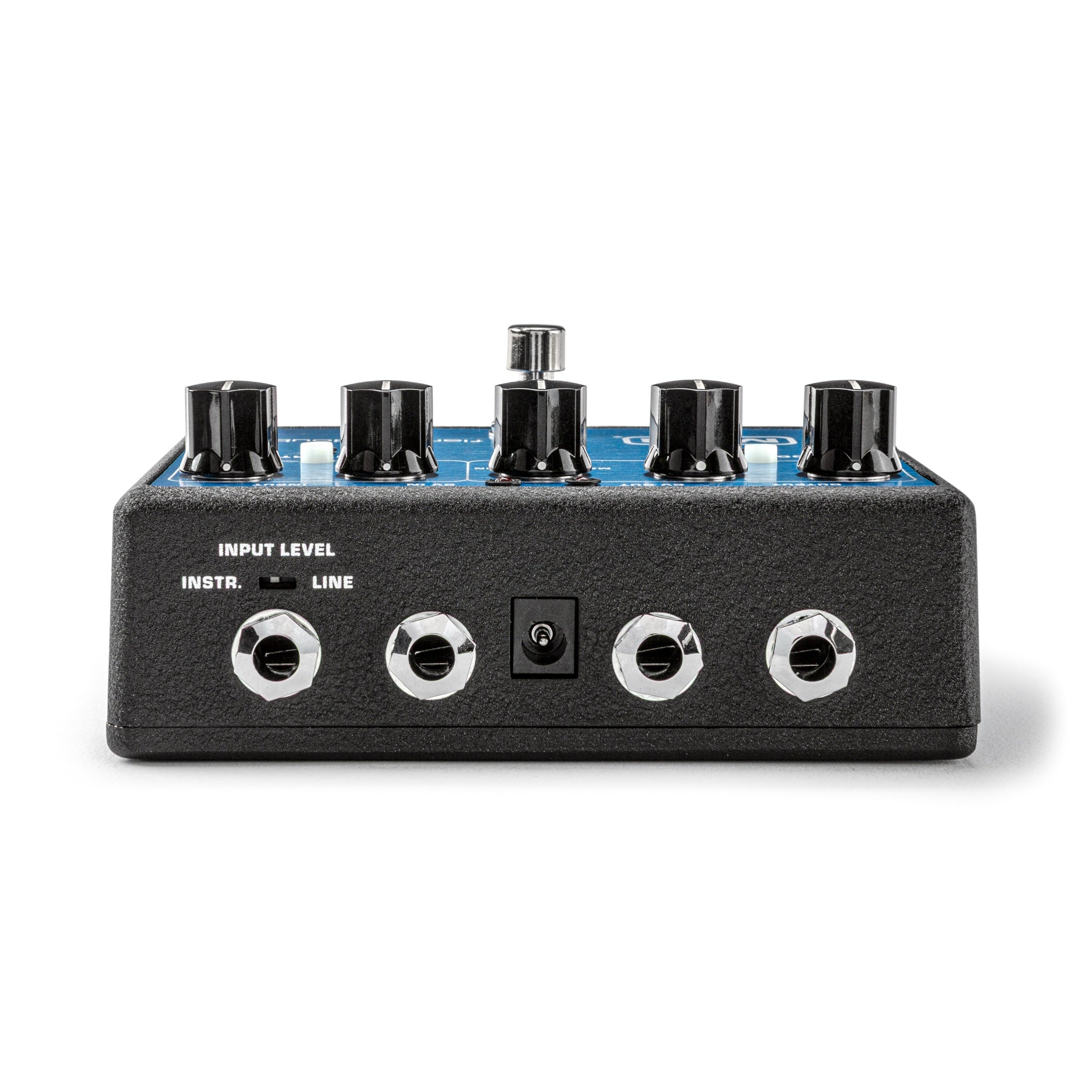 MXR M226 Flanger/Doubler Analog Effects Pedal effects pedal with a blue top plate, featuring six black control knobs, silver jacks, and white text reading 'INPUT LEVEL INSTR. + LINE' on a clean white background.