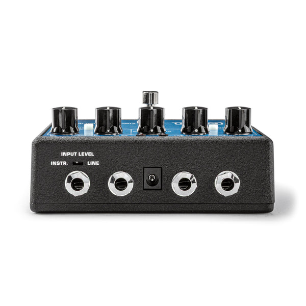 MXR M226 Flanger/Doubler Analog Effects Pedal effects pedal with a blue top plate, featuring six black control knobs, silver jacks, and white text reading 'INPUT LEVEL INSTR. + LINE' on a clean white background.