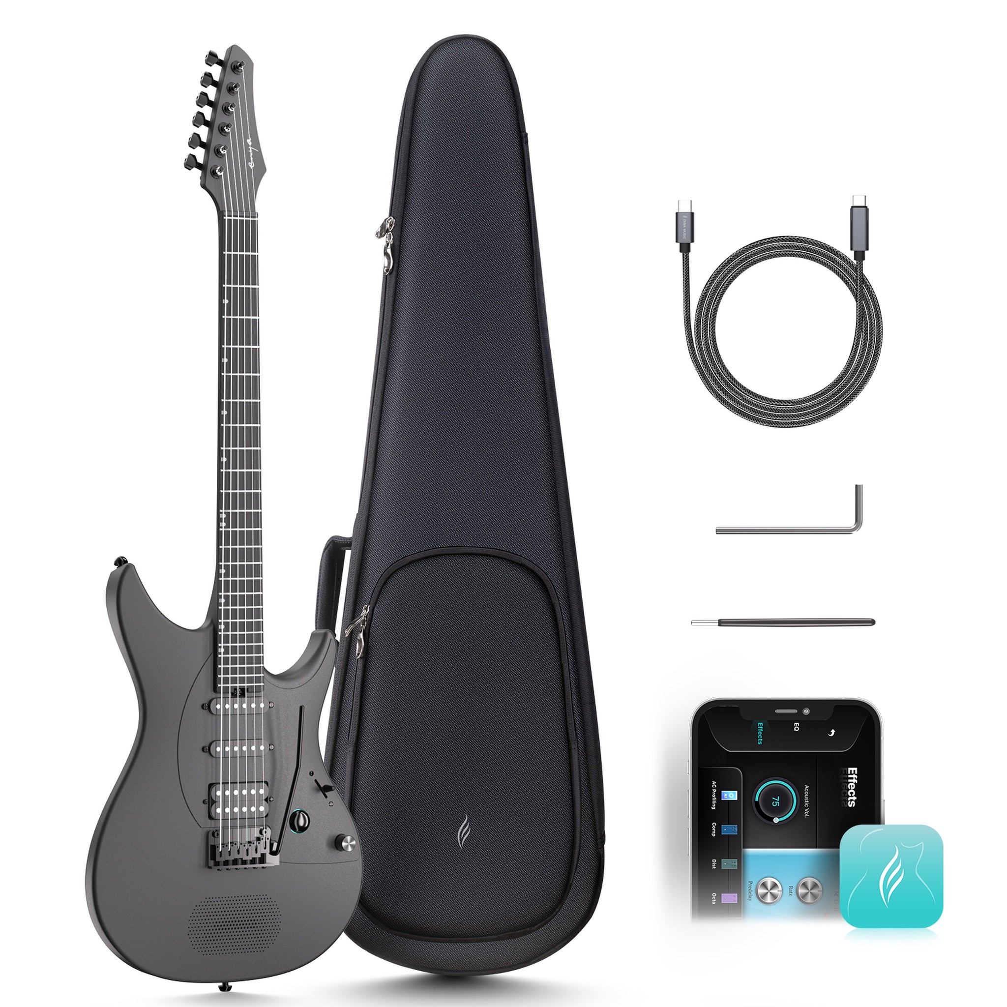 Enya Inspire Smart Electric Guitar Black angled view