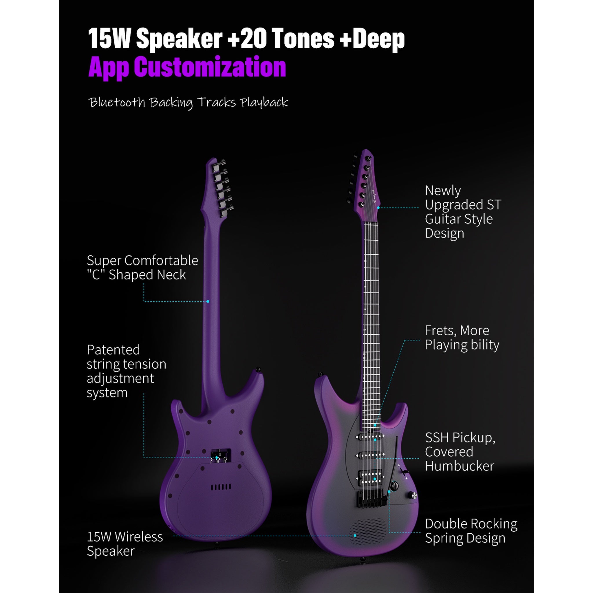 Enya Inspire Smart Electric Guitar Midnight Purple angled view