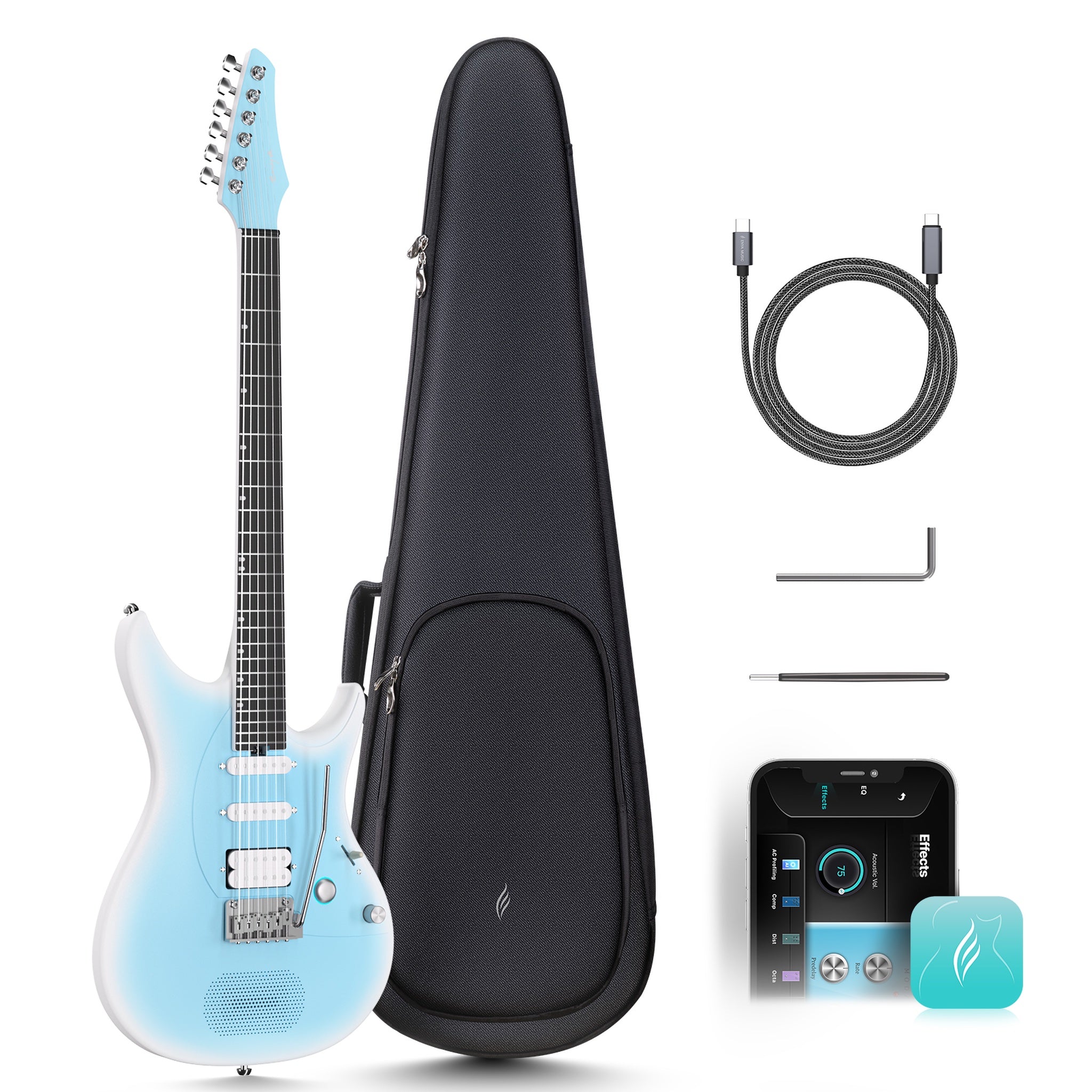 Enya Inspire Smart Electric Guitar Sky Blue angled view