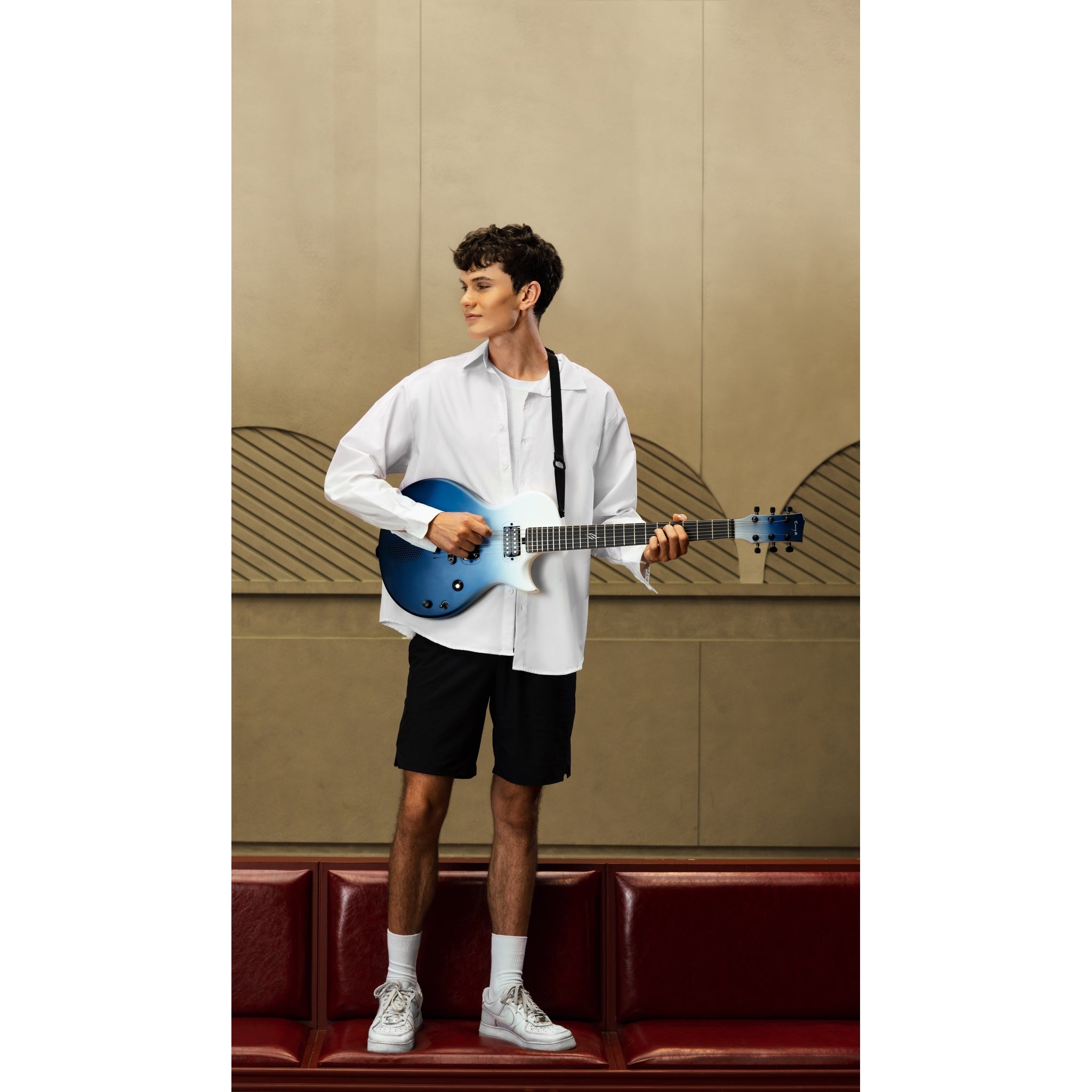 Enya Nova Go Sonic Smart Electric Guitar Ocean Blue angled view