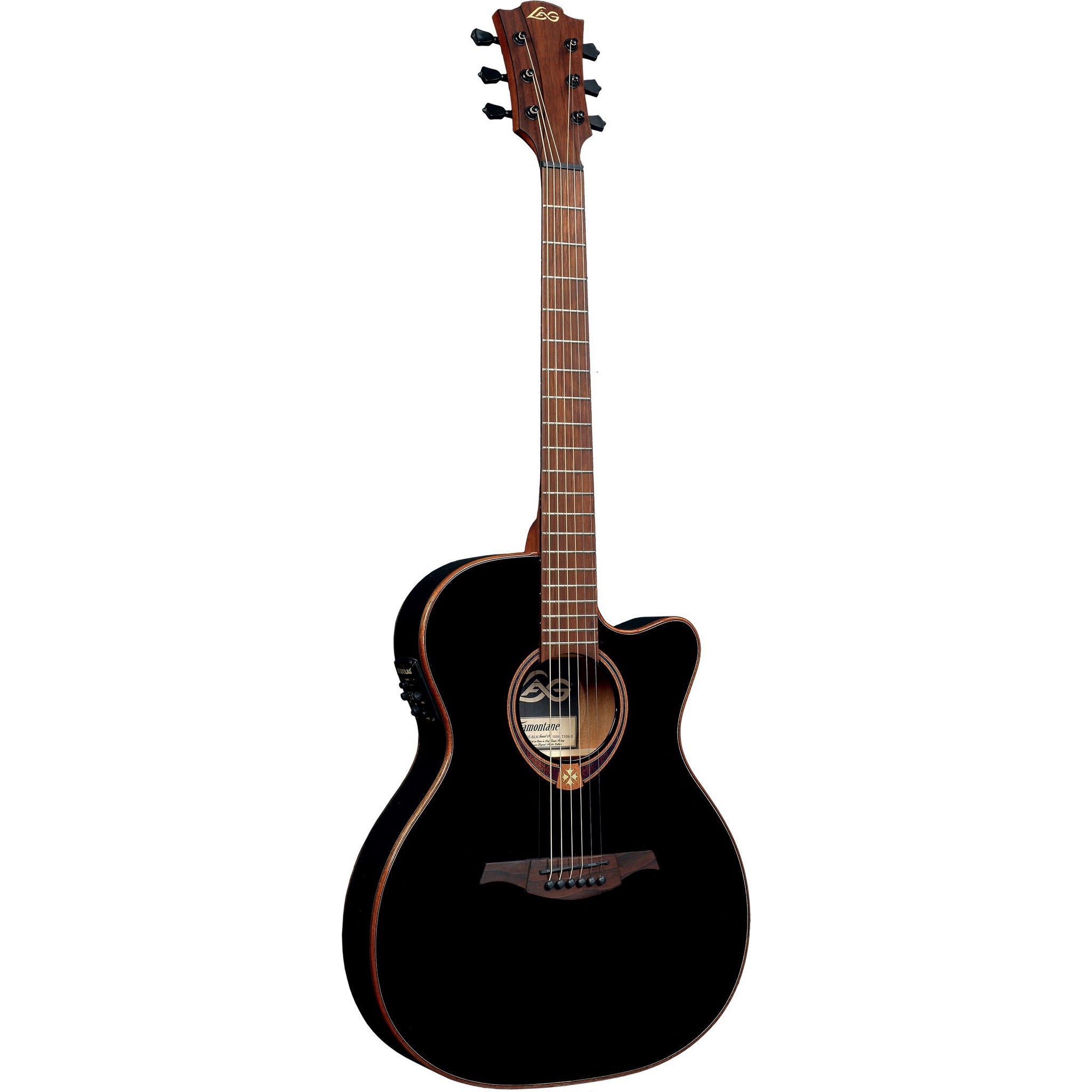 Lâg Tramontane 118 Auditorium Slim Cutaway Acoustic-Electric Guitar – Black — body, bridge and soundhole detail