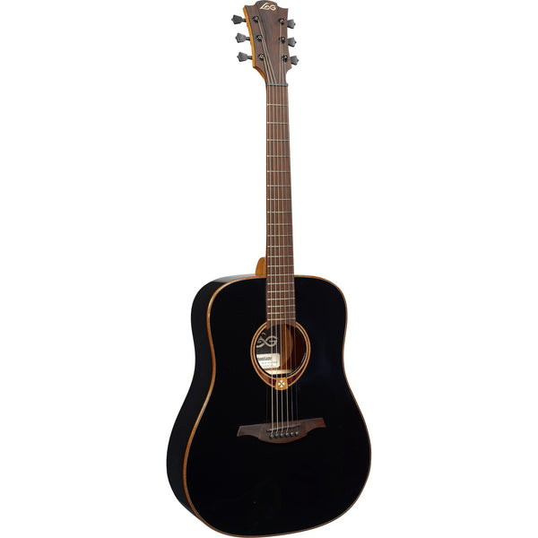 Lâg Tramontane 118 T118D-BLK Dreadnought Acoustic Guitar – Black — body, bridge and soundhole detail