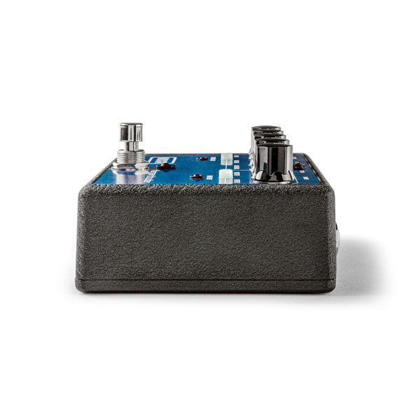 MXR M226 Flanger/Doubler Analog Effects Pedal guitar effects pedal with a blue control panel, featuring a silver footswitch on the left and a black rotary knob on the right, photographed on a white background.