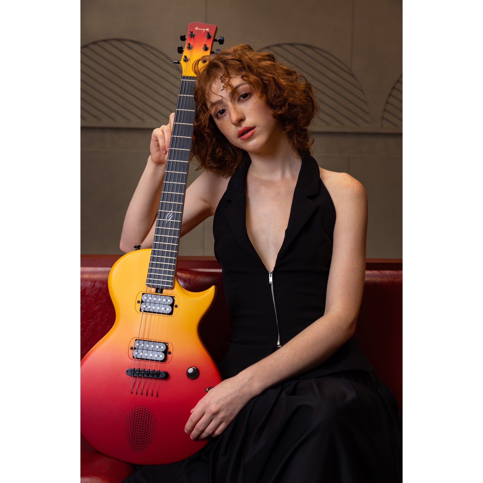 Enya Nova Go Sonic Smart Electric Guitar Volcano Red neck and fretboard detail