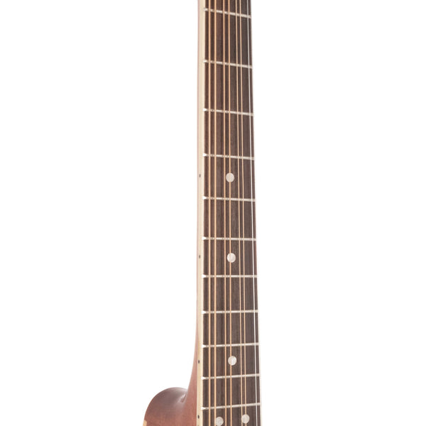 Guitar neck with frets and tuning pegs on a white background