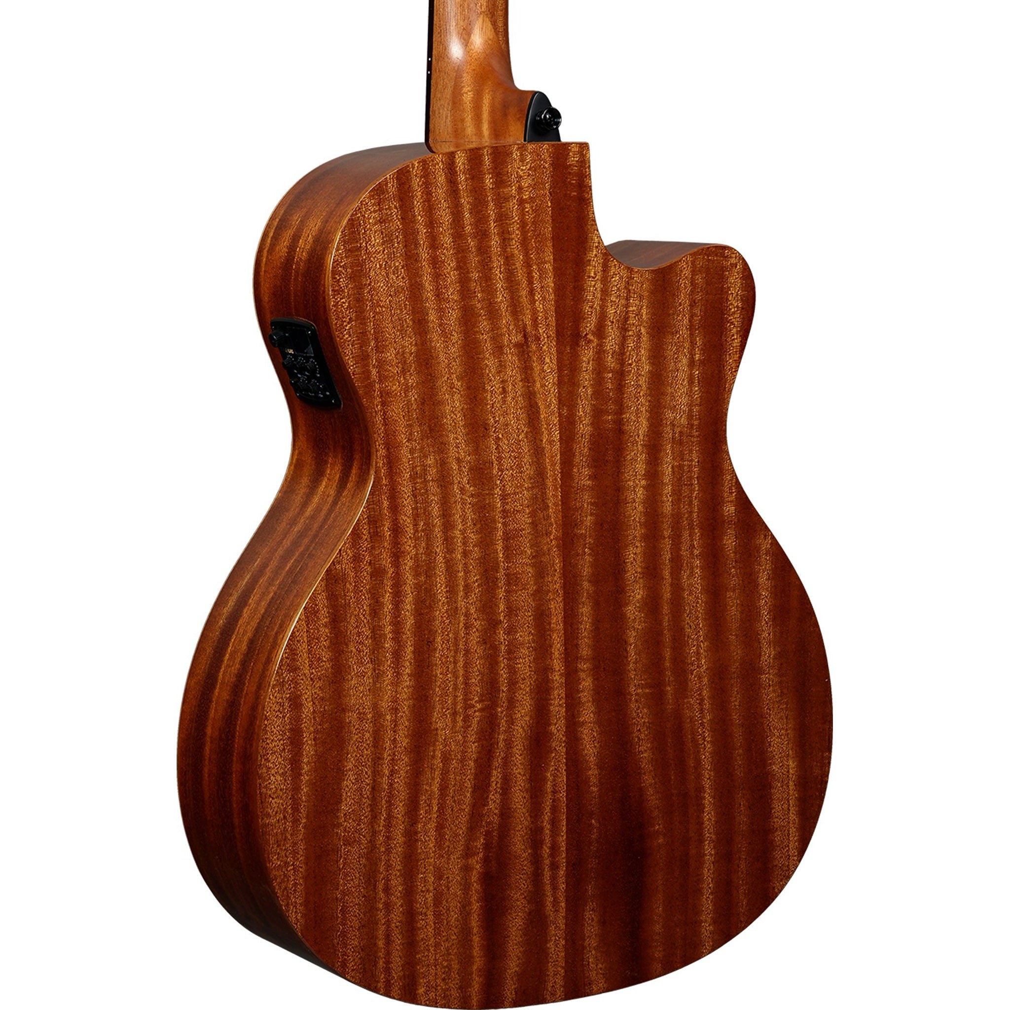 Lâg TL88ACE left-handed auditorium acoustic-electric guitar angled back view showing khaya back and sides