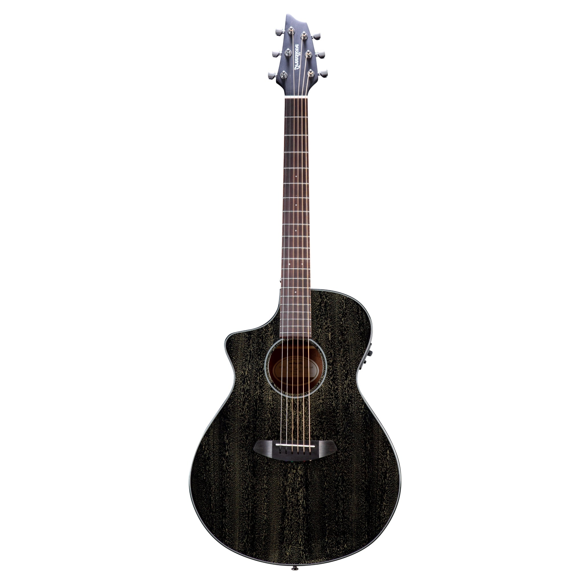 Black acoustic guitar on a white background