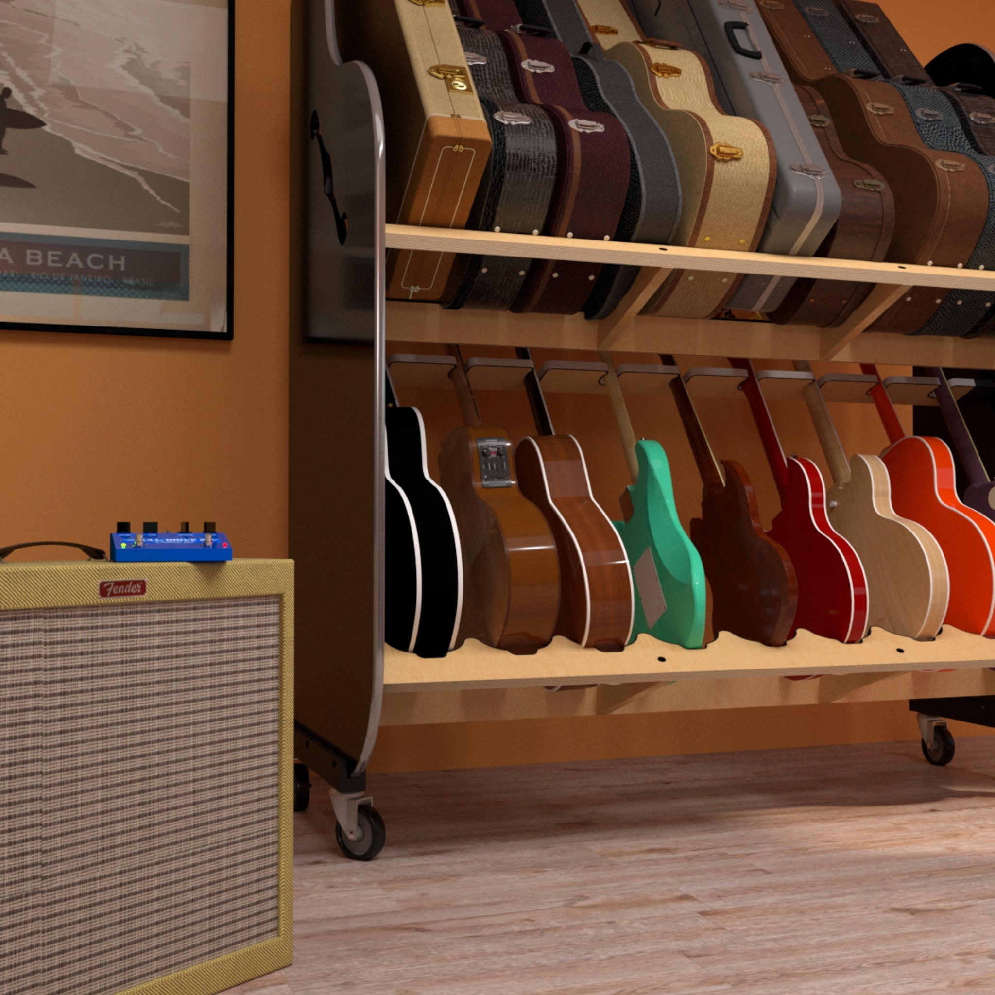 The Session-Pro™ Double-Stack Mobile Guitar & Case Rack