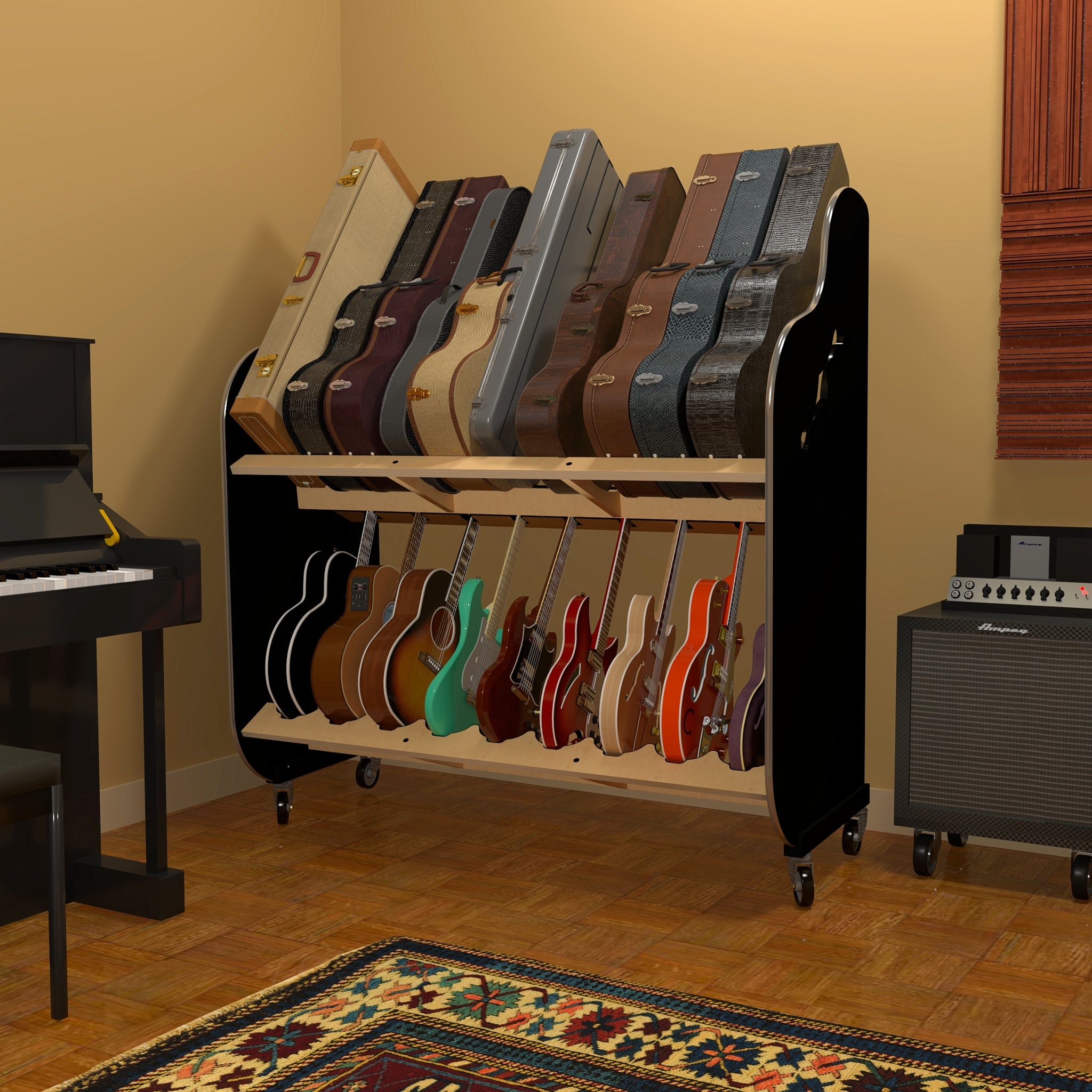 The Session-Pro™ Double-Stack Mobile Guitar & Case Rack