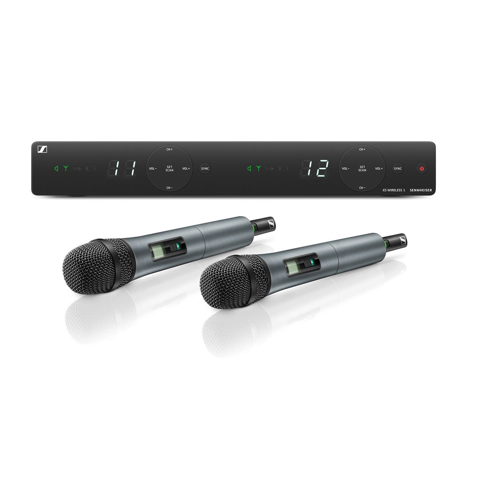 Two wireless microphones with a receiver on a white background