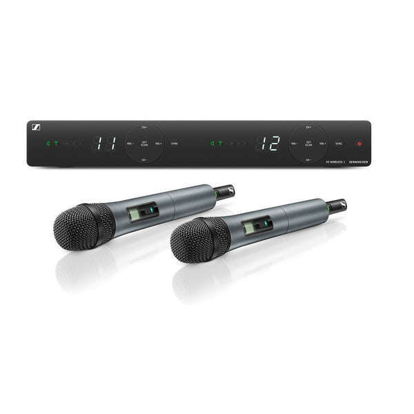 Two wireless microphones with a receiver on a white background