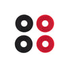Four Ernie Ball guitar parts, two black and two red, on a white background.