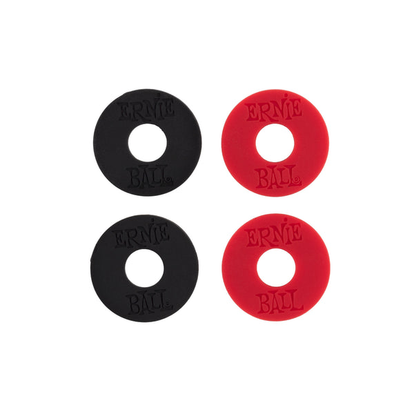 Four Ernie Ball guitar parts, two black and two red, on a white background.