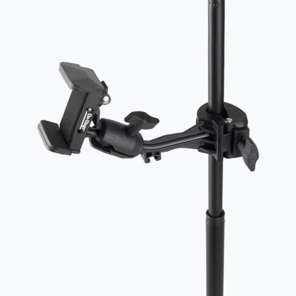 Black microphone stand with adjustable arm on a white background