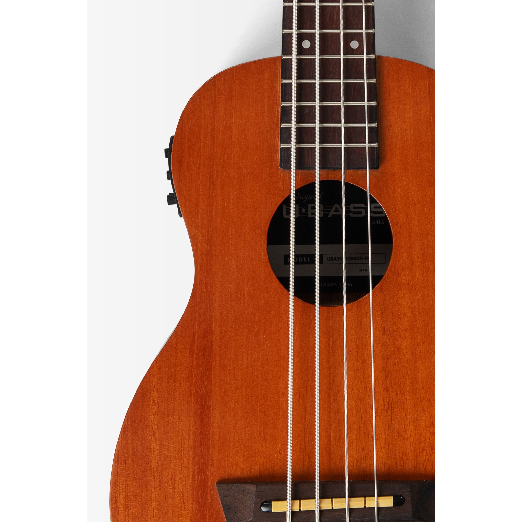 Close-up of a Kala Nomad Acoustic-Electric U•BASS® - UBASS-NOMAD-FS with a warm orange-brown finish, dark fretboard, and soundhole branding reading UBASE.