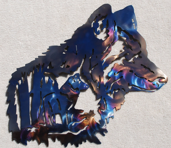 Wolf Head with Wolf and Tree Interior Metal Art (#106)
