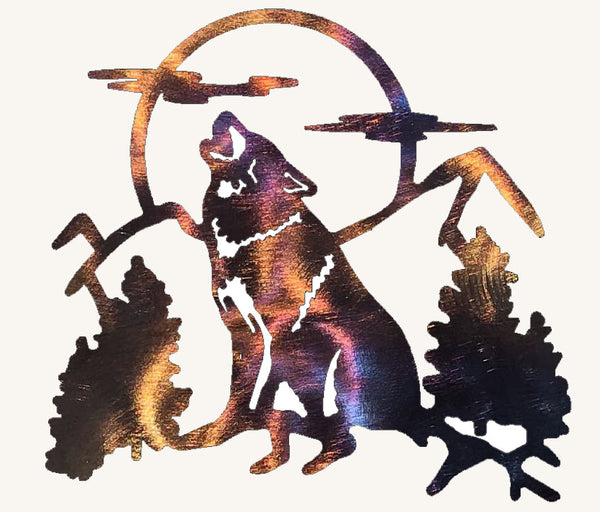 Wolf Howling with Trees, Moon and Cloud (#121)