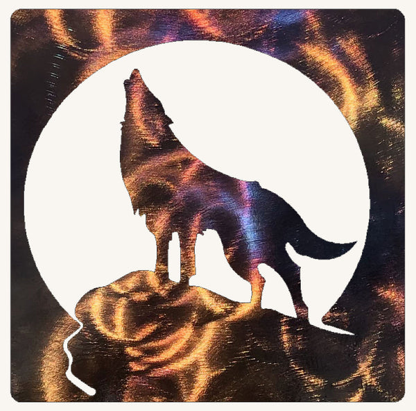 Wolf Howling on Hill in Square Metal Art (#123)