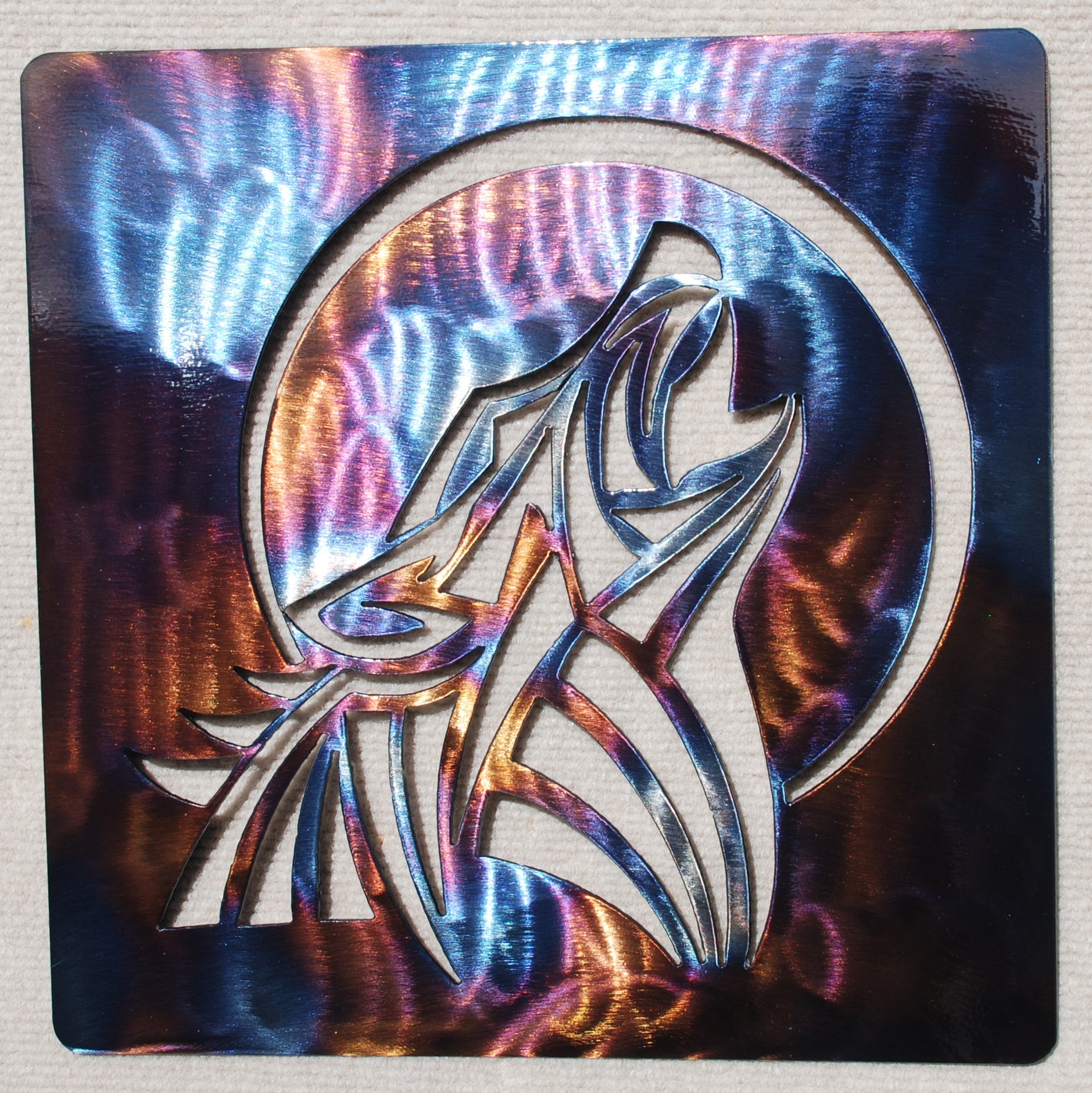 Wolf Howling with Moon in Square Metal Art (#134)