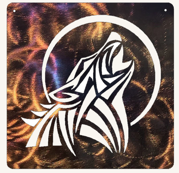 Wolf Howling with Moon in Square Metal Art (#134)