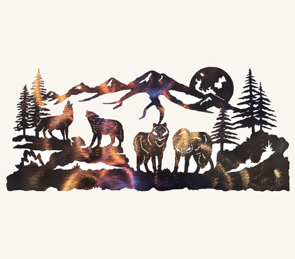 Wolf Pack with Mountains, Trees and Moon Metal Art Sculpture (#143)