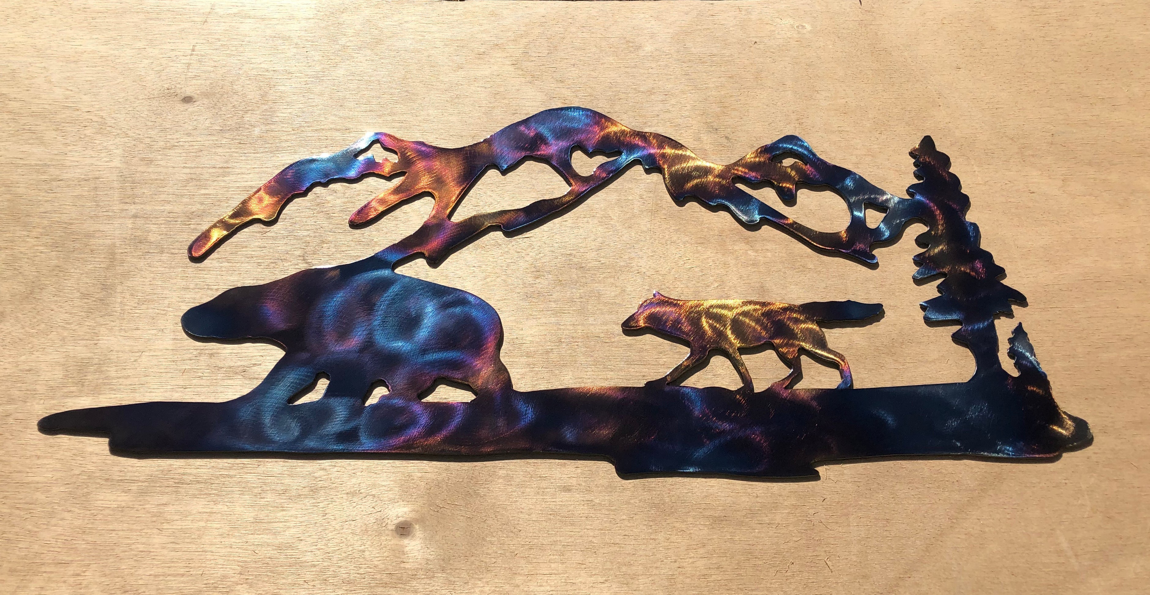 Wolf, Bear, Mountains and Trees Metal Art (#139)