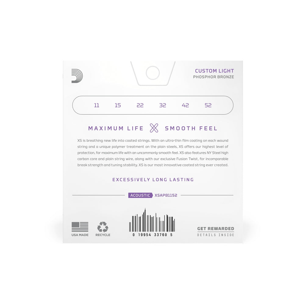 D'Addario XS Phosphor Bronze Acoustic Guitar Strings Custom Light (11-52)