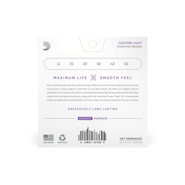 D'Addario XS Phosphor Bronze Acoustic Guitar Strings Custom Light (11-52)